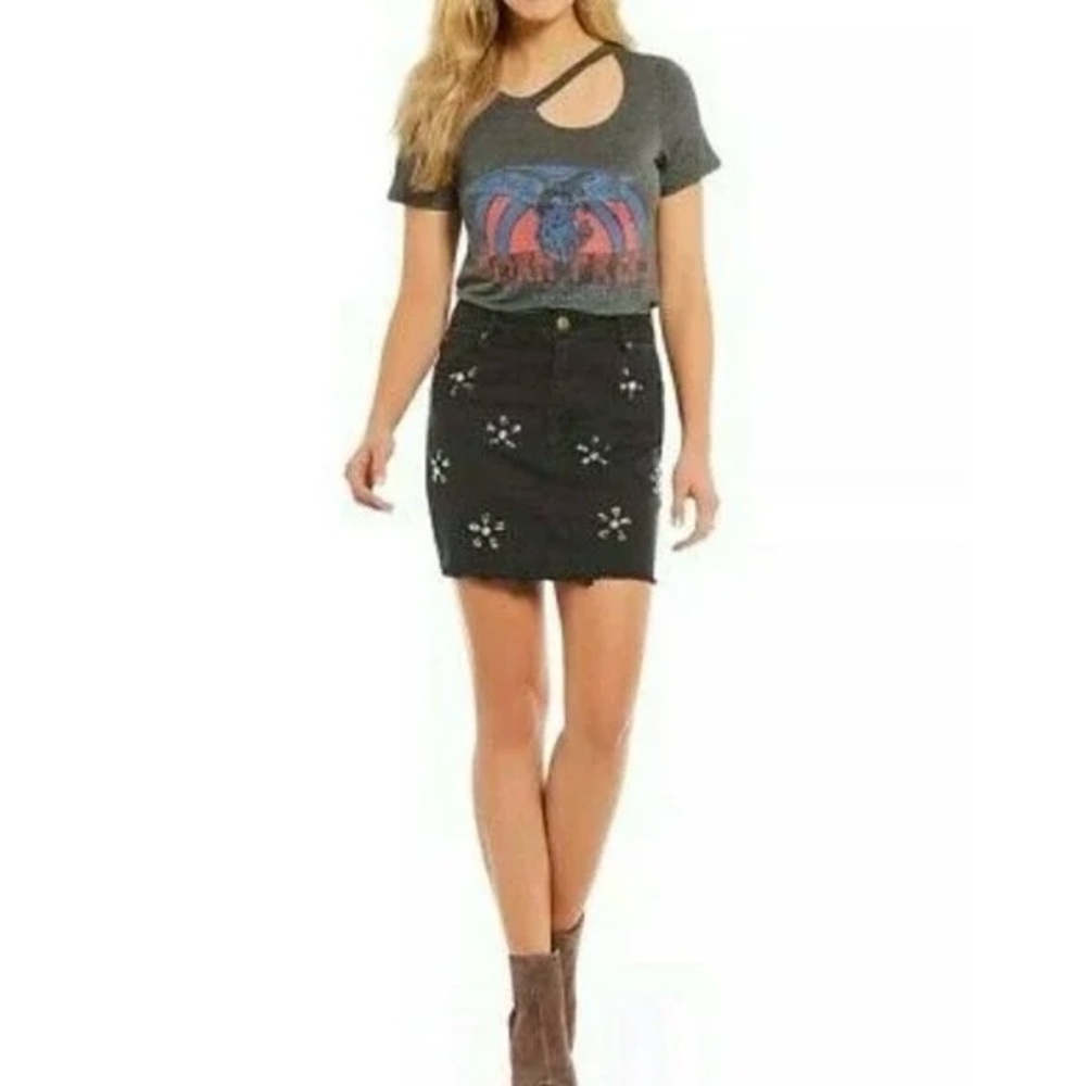 GIANNI BINI Embellished Black Denim Mini Skirt